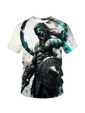 Graphic Viking Warrior Men's Short Sleeve Shirt in Teal and Black